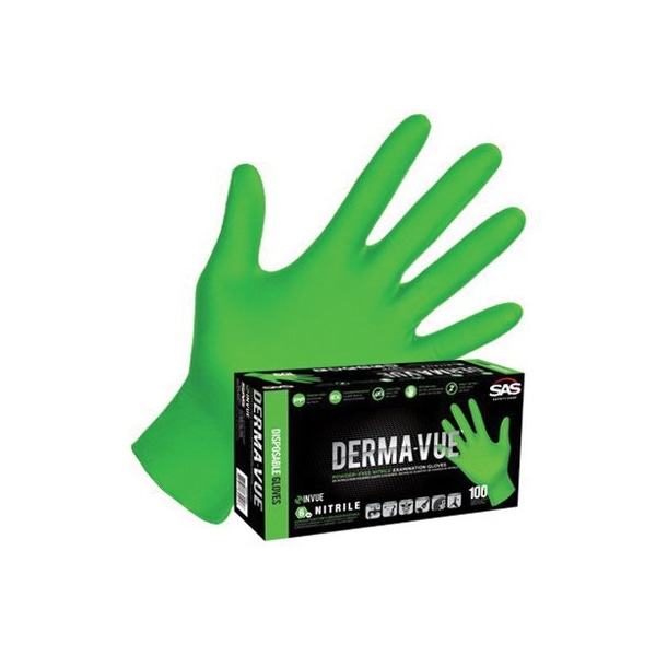Sas Safety Raven InVue, Disposable Gloves, 7 mil Palm, Nitrile, Powder-Free, L, 100 PK, Green 66552 - main